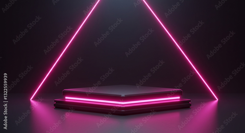 Futuristic looking empty visualization display podium with soft ambient pink neon lighting to showcase your custom product on stage Futuristic looking empty visualization display podium with soft ambient pink neon lighting to showcase your custom product on stage