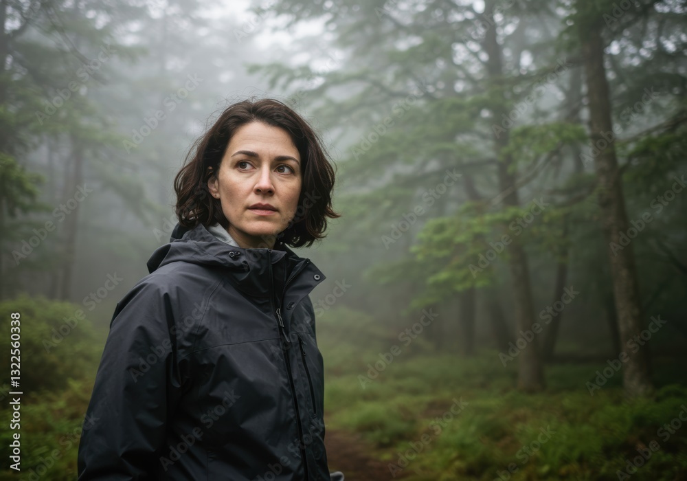 Woman exploring mysterious forest in misty morning light Woman exploring mysterious forest in misty morning light