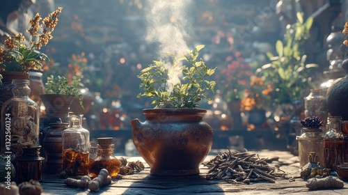 Ancient herbalism steaming plant in apothecary