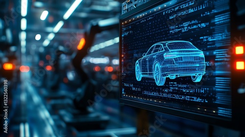 A futuristic car design displayed on a digital screen within a high-tech manufacturing environment, showcasing advanced robotics and automation in the automotive industry.