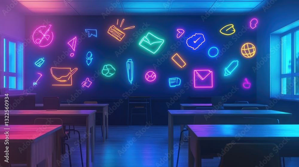 Fototapeta premium A concept virtual learning space with floating neon-themed academic symbols set in a cyber-education environment.