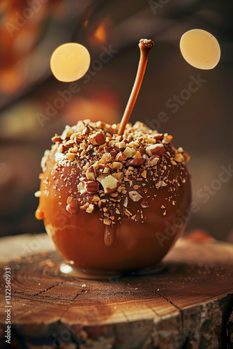 A close-up of a caramel-coated apple covered in crushed nuts, sitting on a rustic wooden surface, surrounded by warm lighting, evoking a cozy autumn feeling and festive appeal. photo