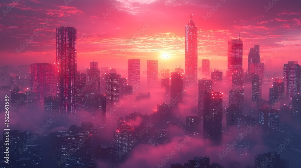 Fototapeta premium The skyline of a virtual city emerges from binary computer code in a Matrix-themed mixed media background