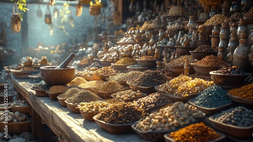 Fototapeta Naklejka Na Ścianę i Meble -  Ancient market stall overflowing with spices