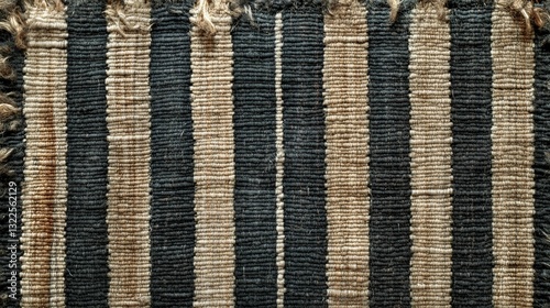 Close-up of textured fabric with vertical black and beige stripes, showing frayed edges.