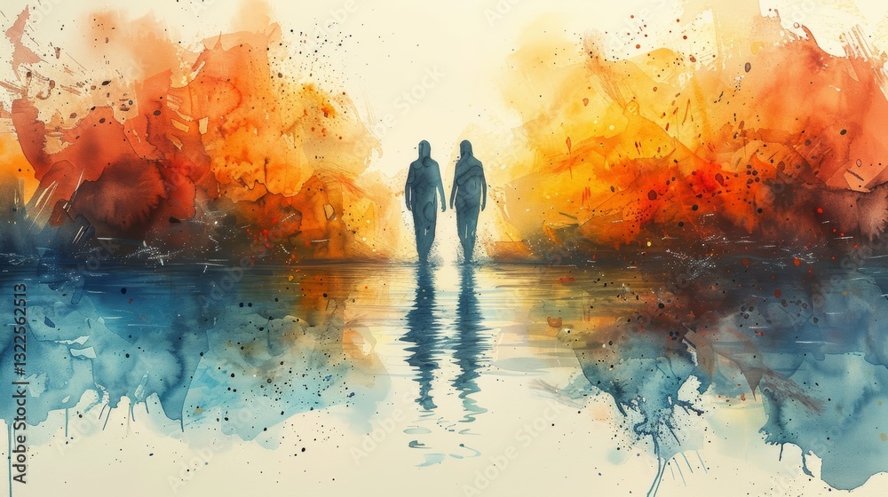 Fototapeta premium Watercolor illustration of Jesus Baptism with abstract minimalistic background and copyspace