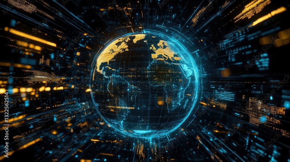 Fototapeta premium A digital economy theme with a glowing blue-yellow world globe, data points, and fluctuating currency exchange rates.