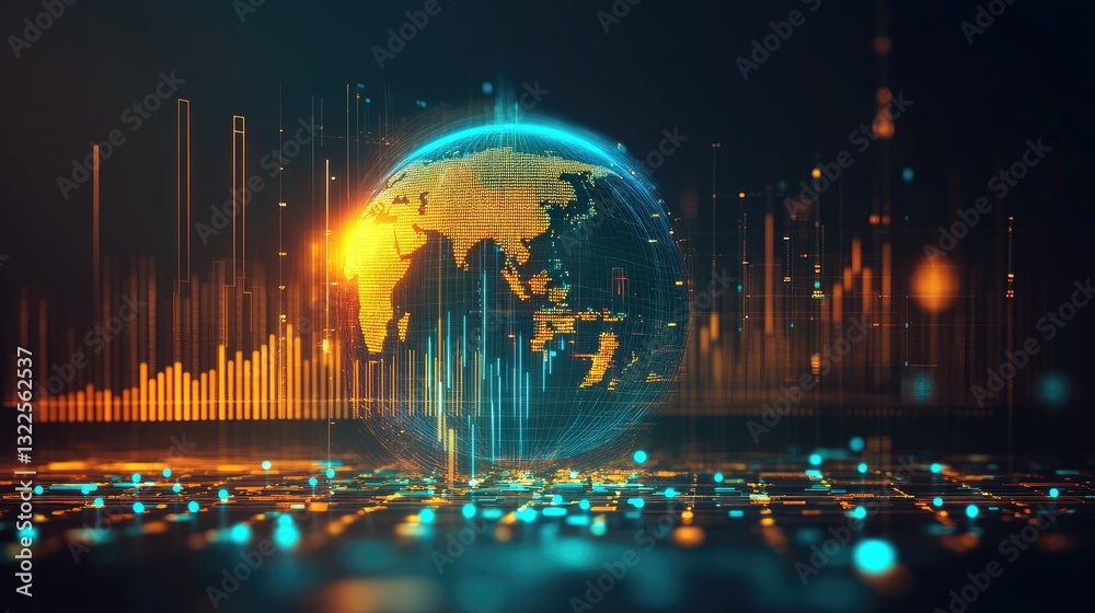 Obraz premium A digital economy theme with a glowing blue-yellow world globe, data points, and fluctuating currency exchange rates.