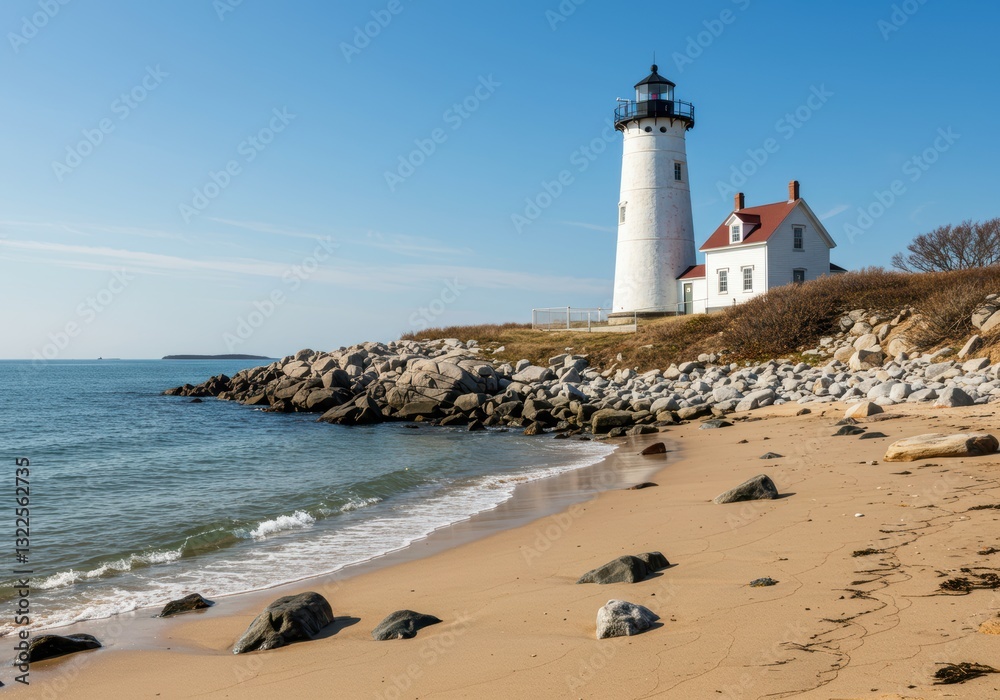 Sunny day at coastal lighthouse with rocky shore and sandy beach Sunny day at coastal lighthouse with rocky shore and sandy beach