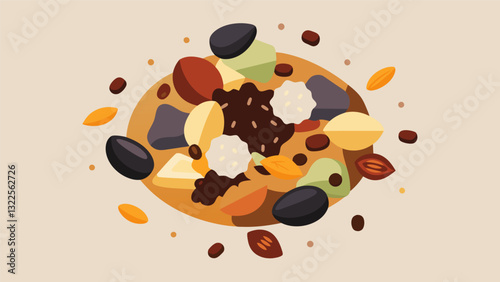 Homemade trail mix with a blend of nuts dried fruits and a sprinkle of dark chocolate chips for a touch of sweetness.. Vector illustration