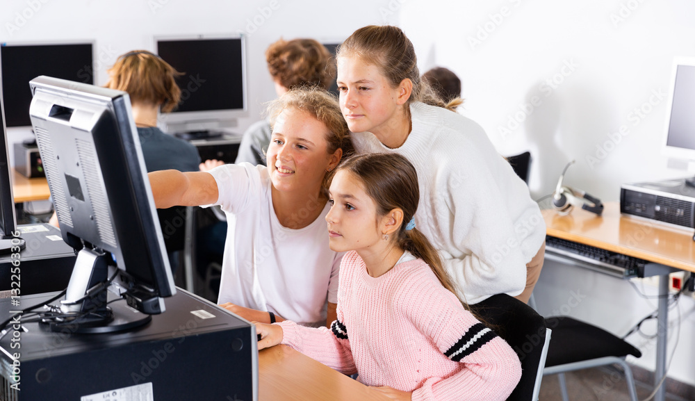Fototapeta premium Schoolchildren preparing for lessons in the classroom look at the necessary information on the computer