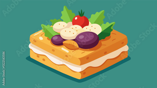 Fluffy puff pastry squares topped with a delicious mix of roasted vegetables herbs and goat cheese.. Vector illustration