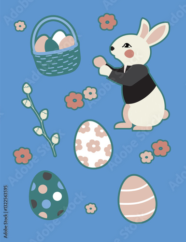 Easter bunny with easter eggs vector stickers. 