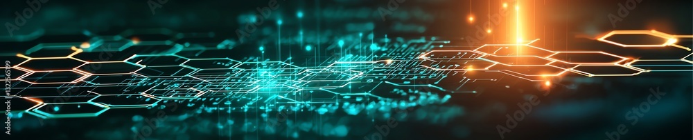 Obraz premium A futuristic digital landscape featuring glowing hexagons and vibrant light trails