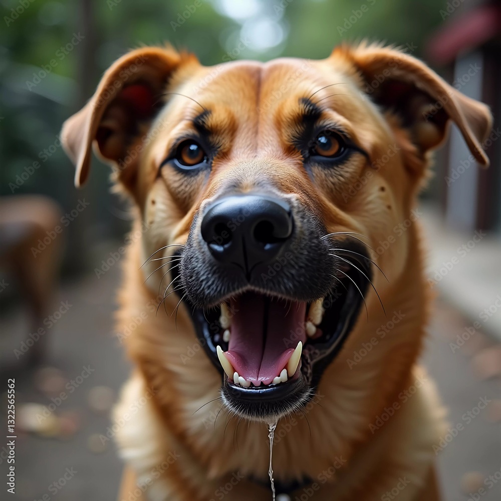 A disheveled street dog appears agitated, drool dripping from its mouth, showcasing its rabid state. The surroundings hint at a neglected urban area, enhancing its forlorn expression AI A disheveled street dog appears agitated, drool dripping from its mouth, showcasing its rabid state. The surroundings hint at a neglected urban area, enhancing its forlorn expression AI