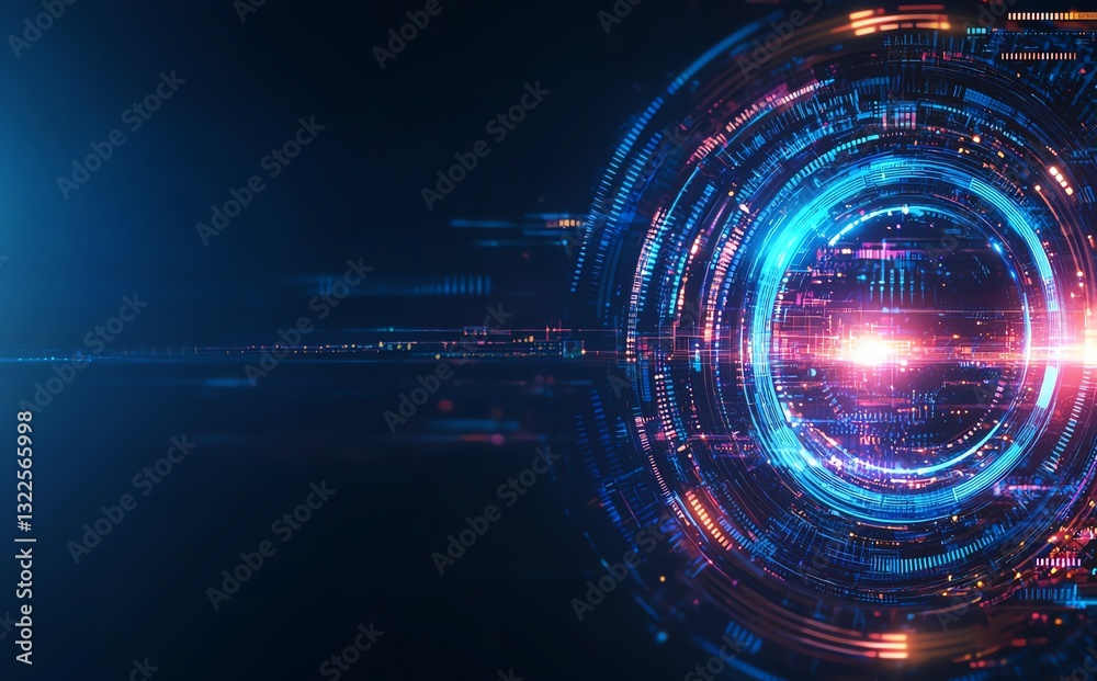 Fototapeta premium Abstract futuristic digital background featuring dynamic glowing circles and light trails. Ideal for themes related to innovation, digital technology, and modern advancements.