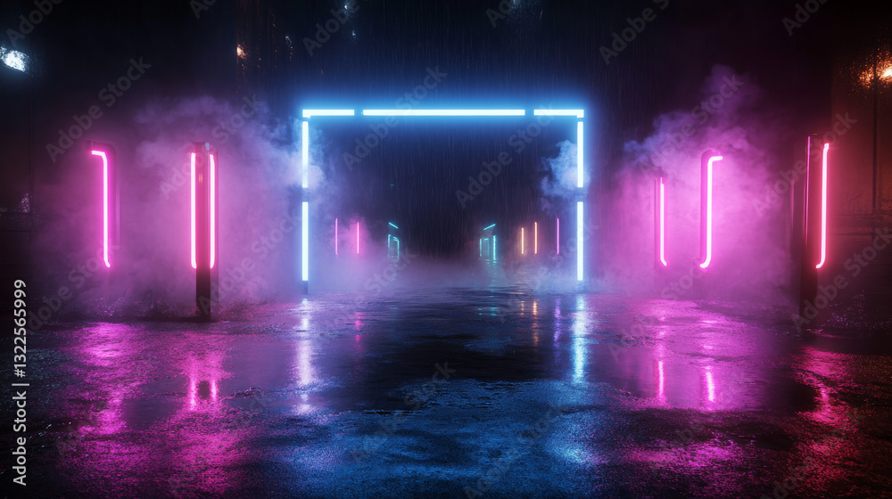Fototapeta premium vibrant neon lit alleyway with colorful lights and misty atmosphere
