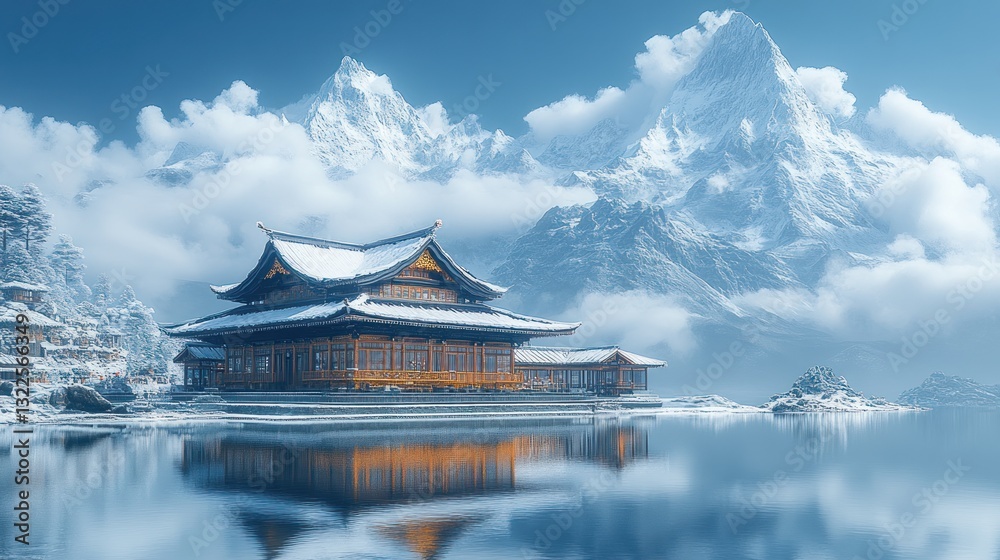 Obraz premium Serene snow-covered temple reflected in a calm lake with majestic mountains.