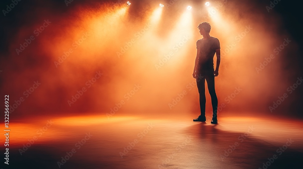 Fototapeta premium Silhouetted person standing on stage in orange spotlight.
