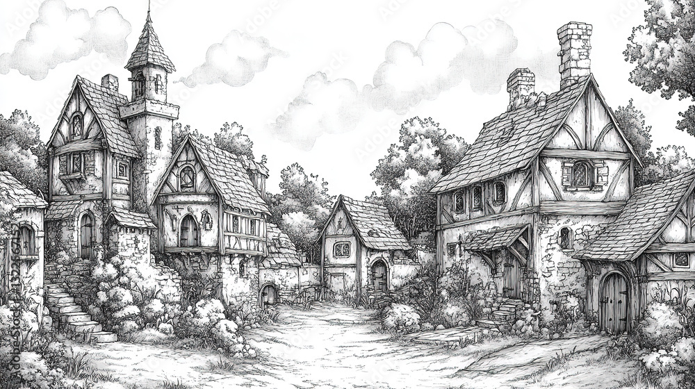 Obraz premium Charming medieval village scene fantasy landscape illustration peaceful environment artistic viewpoint historic concept