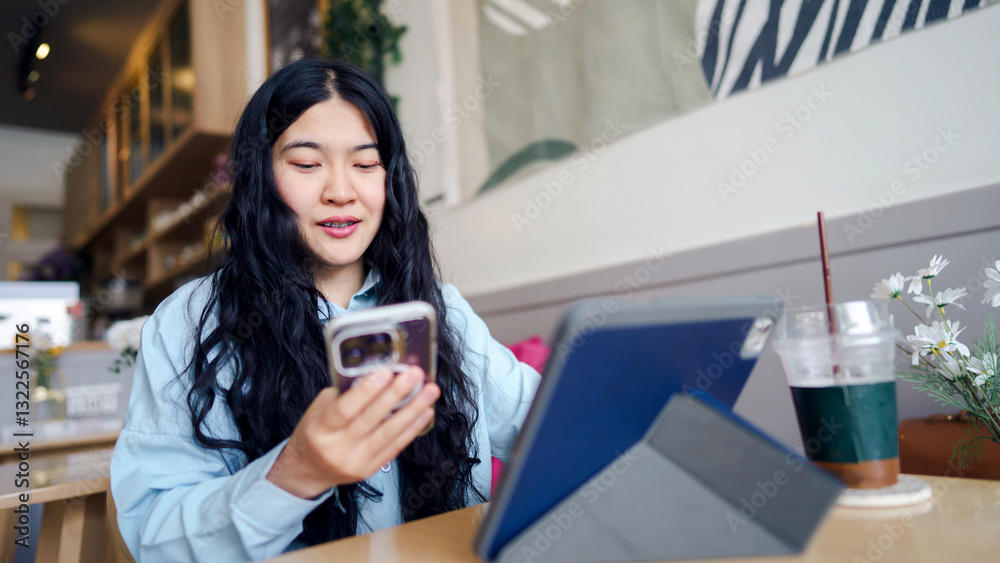 Fototapeta premium Businesswoman consultant motivation concept. Young woman using a smartphone and tablet in a cozy cafe setting.