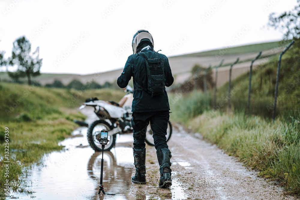 Motorista creando contenido en dia lluvioso en camino de barro inundado