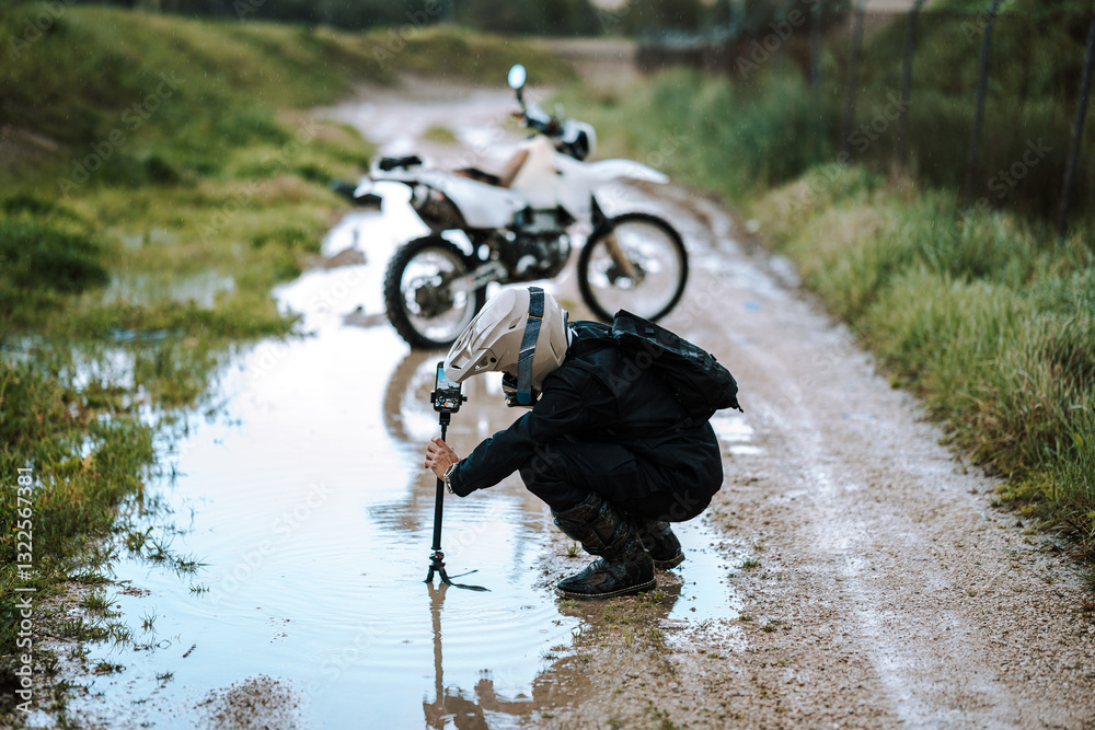 Motorista creando contenido en dia lluvioso en camino de barro inundado
