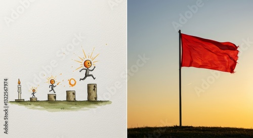 Four animated figures ascend stairs toward an orange sun while a large red flag waves gently against a fading sunset sky.