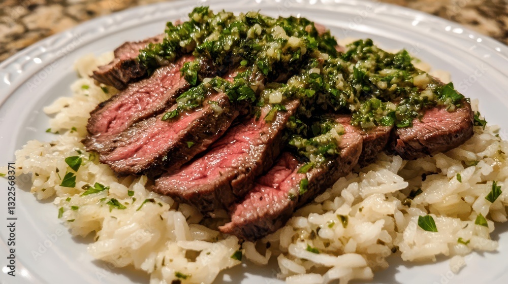 Tender skirt steak served alongside flavorful rice seasoned with chimichurri sauce for a bold and savory meal. Tender skirt steak served alongside flavorful rice seasoned with chimichurri sauce for a bold and savory meal.