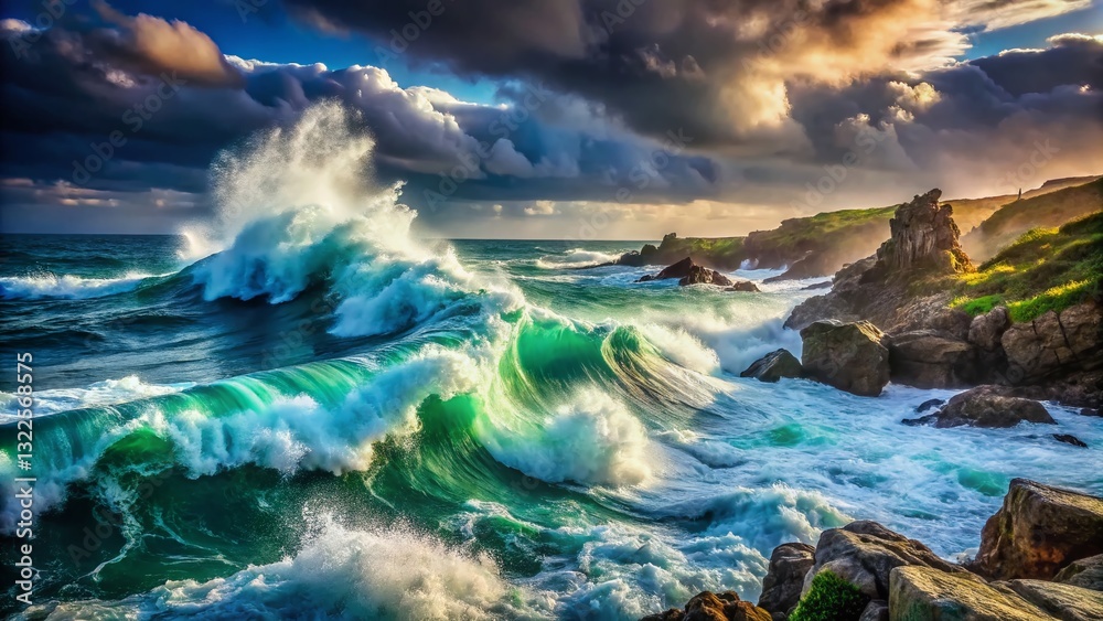 Naklejka premium Dramatic Coastal Landscape with Navy Sound Wave Pattern, Ocean Waves Crashing on Rocky Shore