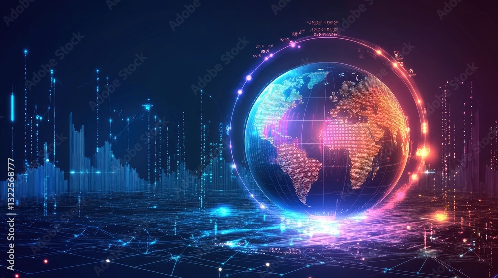Fototapeta premium A futuristic trade and investment concept with a divided world globe, blockchain links, and forex charts.