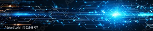 A captivating abstract digital illustration showcasing vibrant blue light beams and intricate patterns, symbolizing data transmission and advanced technology in a modern landscape.