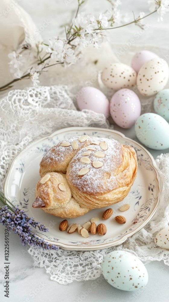 Fototapeta premium Traditional Italian Colomba di Pasqua with pastel eggs and almonds, perfect for Easter celebrations