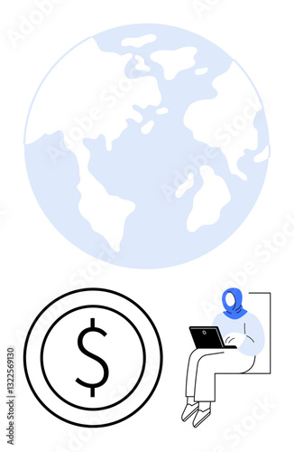 Earth globe, dollar inside circle, person using laptop representing international economy, online work, and digital finance. Ideal for global business, finance, remote work, technology education