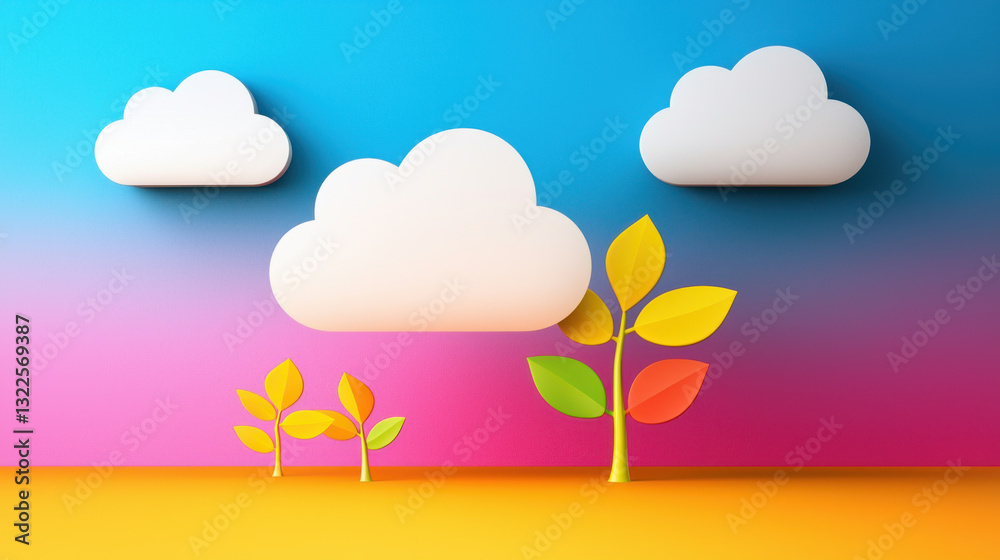 Colorful clouds and trees in vibrant landscape create cheerful atmosphere Colorful clouds and trees in vibrant landscape create cheerful atmosphere