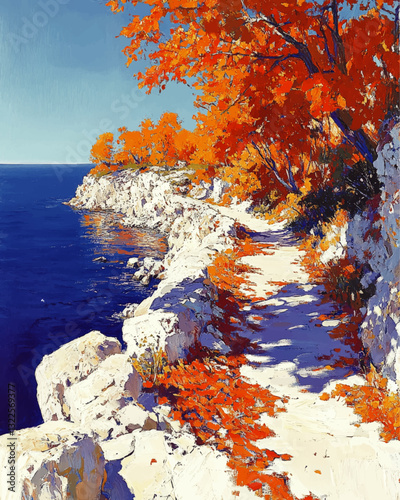 Vibrant Autumn Coastal Pathway with Orange Foliage Against Deep Blue Ocean in Impressionist Style, Capturing Scenic Beauty and Tranquil Nature Environment