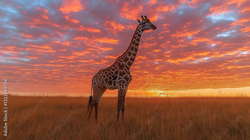 Obraz premium Giraffe silhouetted against a vibrant sunset in the African savanna.