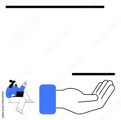 Person using laptop while pointing, large open hand suggesting support, trust, or collaboration. Ideal for teamwork, help, partnership, responsibility guidance leadership sharing. Flat simple