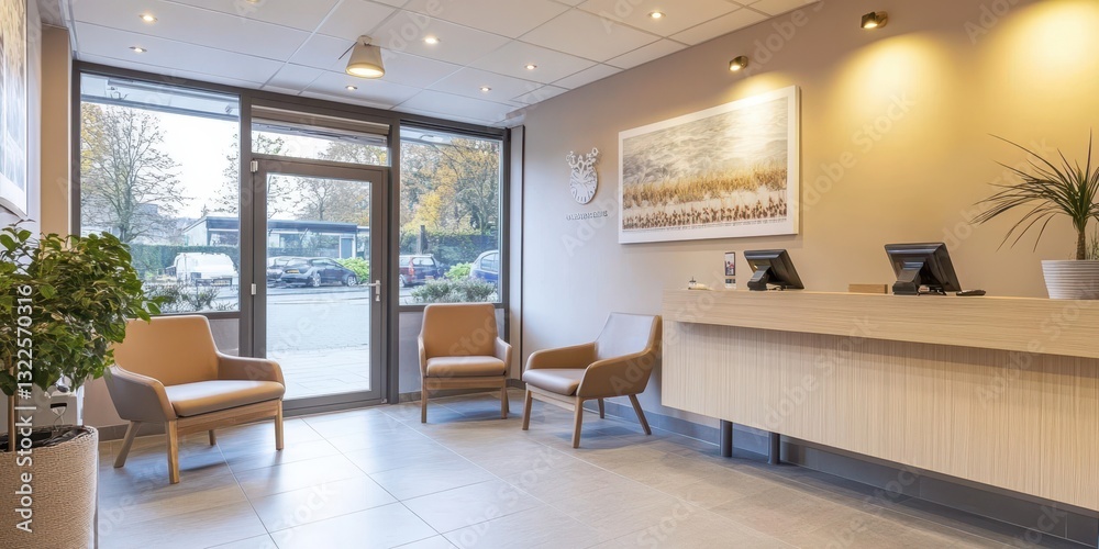 Fototapeta premium Comfortable modern waiting area featuring neutral colors and open access
