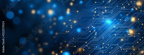 Close-up of a modern circuit board with vibrant blue and gold lights. The intricate patterns create a digital landscape, symbolizing innovation and technological advancement.