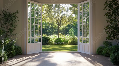 Serene View of Lush Green Garden Through Open French Doors in Daylight