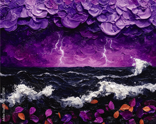 Dramatic Purple Stormy Seascape Vector with Lightning and Abstract Waves Showcasing Vibrant Leaves and Impasto Clouds for Coastal Art Enthusiasts