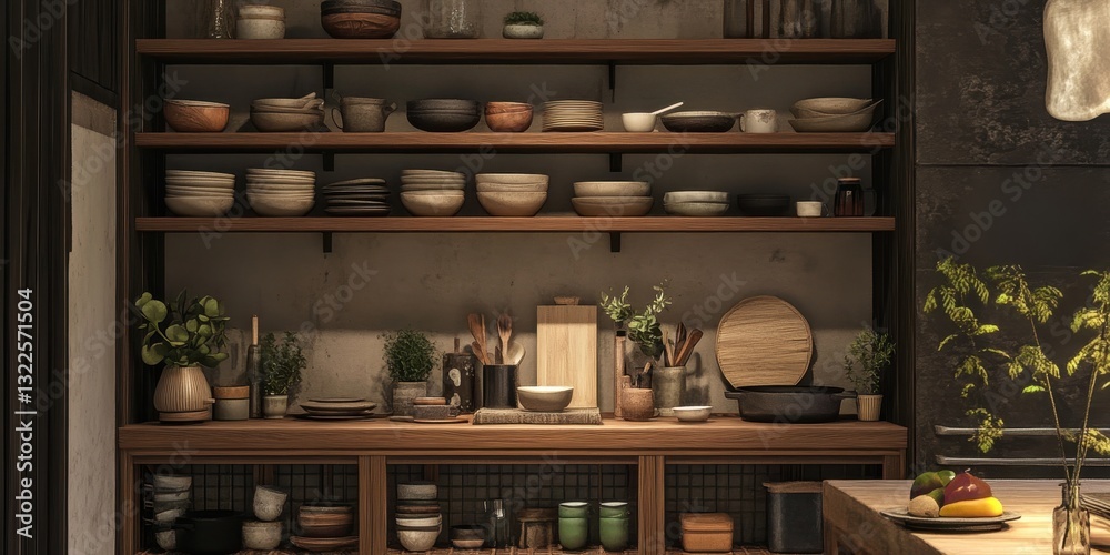 Shelves Displaying Various Dishes and Kitchen Accessories Elegantly Arranged Shelves Displaying Various Dishes and Kitchen Accessories Elegantly Arranged