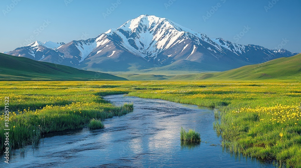 Fototapeta premium Scenic mountain river flowing through vibrant green valley with wildflowers and snow-capped peak.