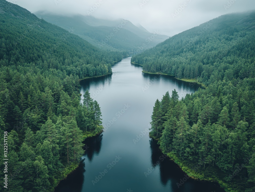 Obraz premium Serene Aerial View of Lush Green Forests Surrounding a Calm River in Misty Mountains Capturing Nature’s Tranquility and Beauty