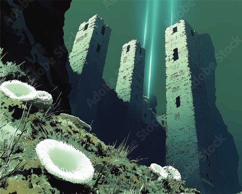 Mysterious Ancient Towers in Fantasy Landscape with Enigmatic Glowing Light and Alien Foliage — Futuristic Vector Art Depicting Sci-Fi Architectural Structures