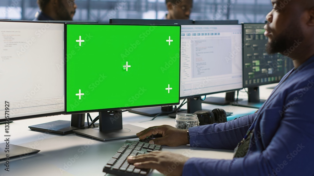 Engineer using green screen computer, working in server farm to optimize it for data processing requirements. IT professional coding on mockup PC in data center, camera A Engineer using green screen computer, working in server farm to optimize it for data processing requirements. IT professional coding on mockup PC in data center, camera A