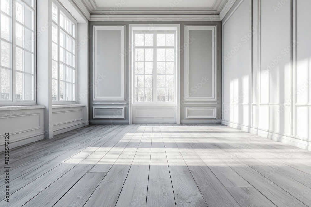 Fototapeta premium Sunlit empty room with white walls, wood floor, and large windows.