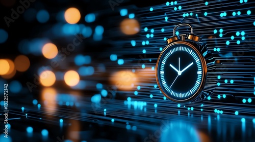 A close-up of a stopwatch against a vibrant, digital background featuring bright blue lights. This image symbolizes precision, timing, and the intersection of technology and time.