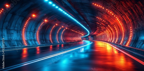 Speed and motion depicted abstractly in a blue highway tunnel